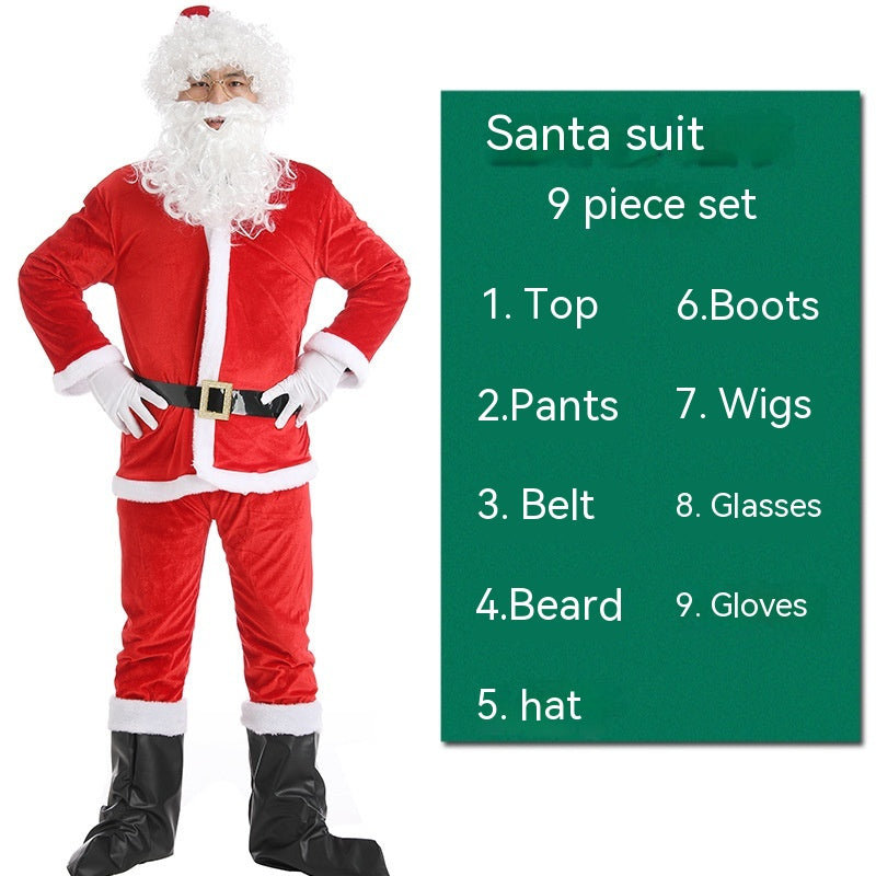 Man in a Santa suit stands next to a list detailing a nine-piece set, including top, pants, belt, beard, hat, boots, wig, glasses, and gloves, on a green background.