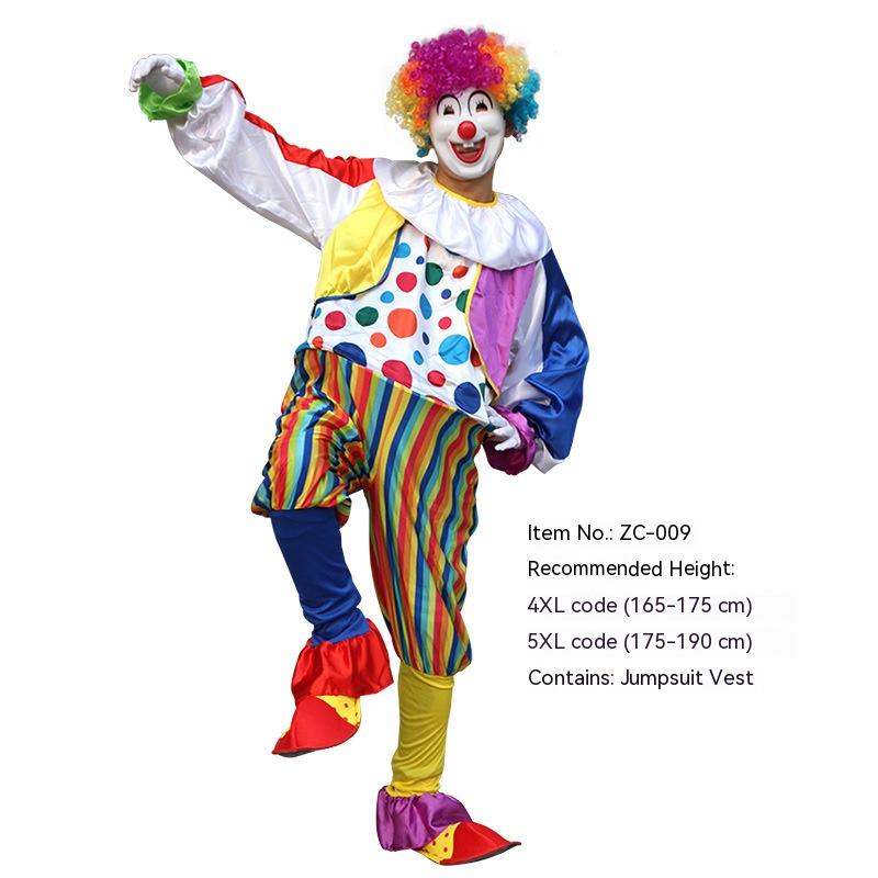 Clown in a colorful jumpsuit with polka dots and stripes, curly wig, and red nose. Item No. ZC-009. Available in sizes 4XL and 5XL, includes jumpsuit vest.