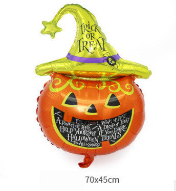 A festive Halloween balloon features a bright orange pumpkin with a grinning face and a green witch's hat. The hat reads "Trick or Treat" and is adorned with a spooky bat. The pumpkin includes a chalkboard-style area with festive sayings. Dimensions are 70x45 cm.