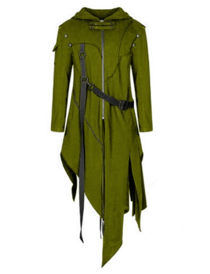 Green steampunk-inspired coat with a hood, asymmetric hem, black straps, and buckle details. Features front zipper and decorative stitching for an edgy look.