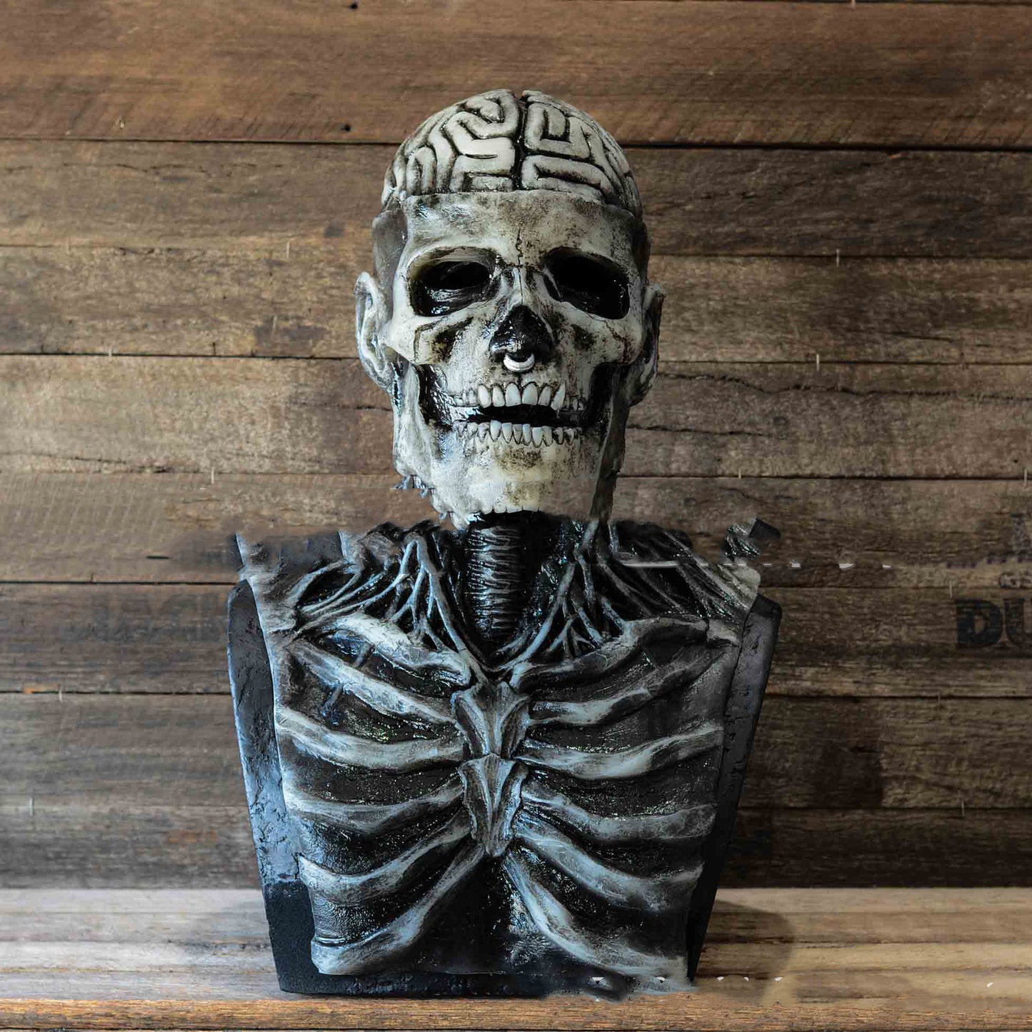 A sculpted bust of a skeleton with a visible brain design on its head, detailed ribcage, and a wooden backdrop. The artwork has a weathered, eerie appearance.