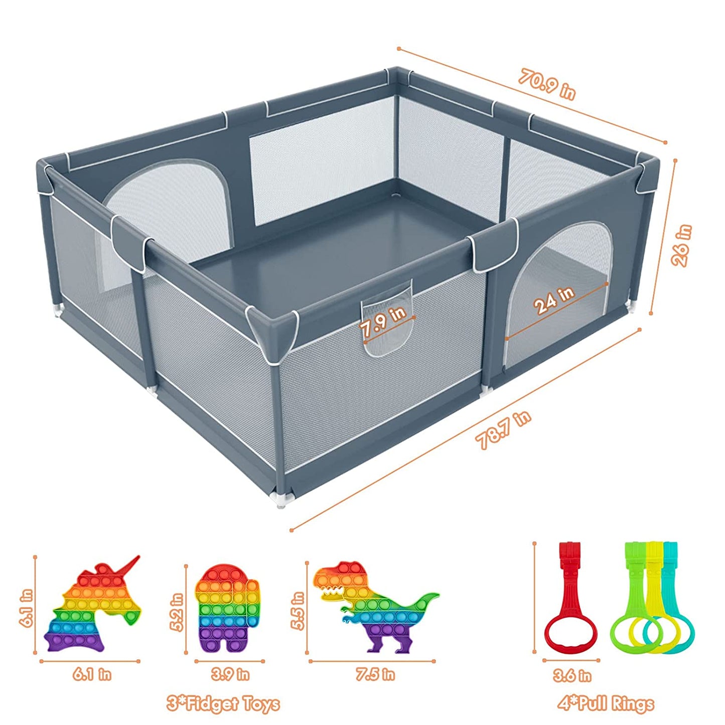 Gray playpen with mesh sides, measuring 78.7x70.9x26 inches. Includes a 7.9-inch door, unicorn and dinosaur pop-it toys, and colorful pull rings.