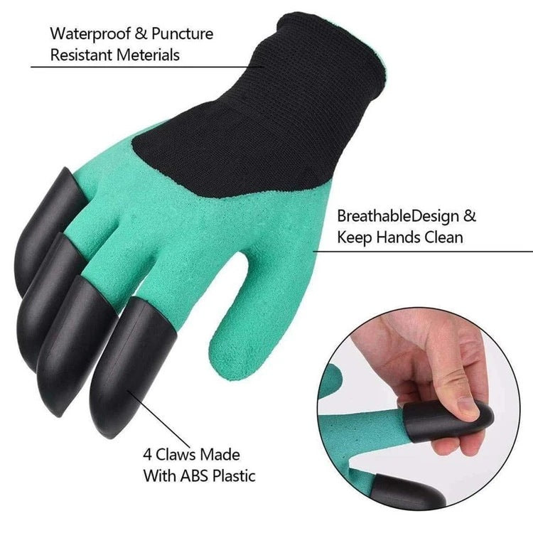 Green gardening glove with black ABS plastic claws on four fingers, featuring waterproof, puncture-resistant materials and a breathable design. Glove enhances digging and protection.