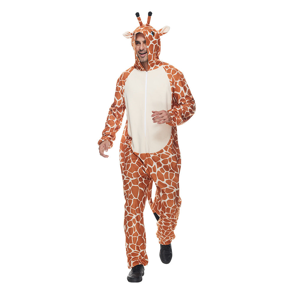 Man in a giraffe costume with a hood featuring small ears and ossicones, walking with a cheerful expression against a plain white background.