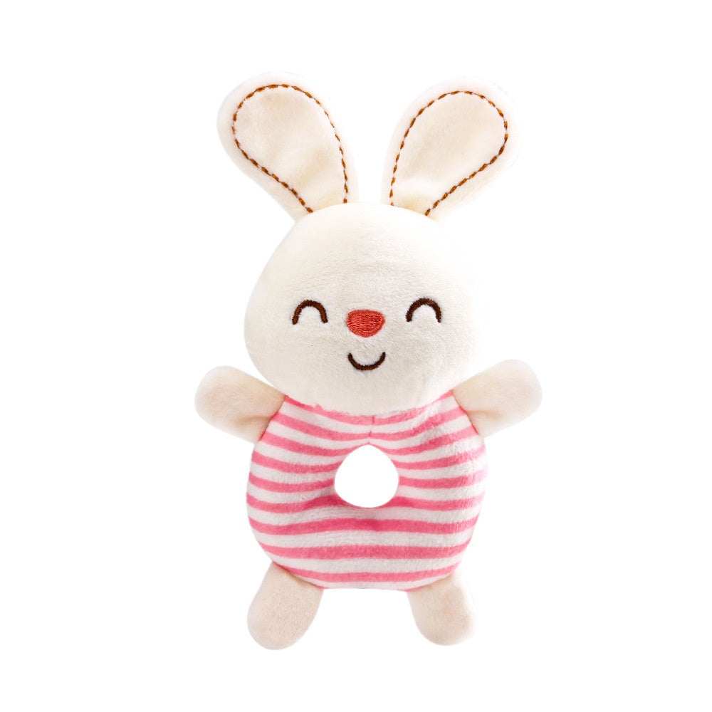 Plush toy bunny with stitched eyes and a smile, wearing a pink and white striped outfit. It has floppy ears, an open circle in front, and small arms and legs.