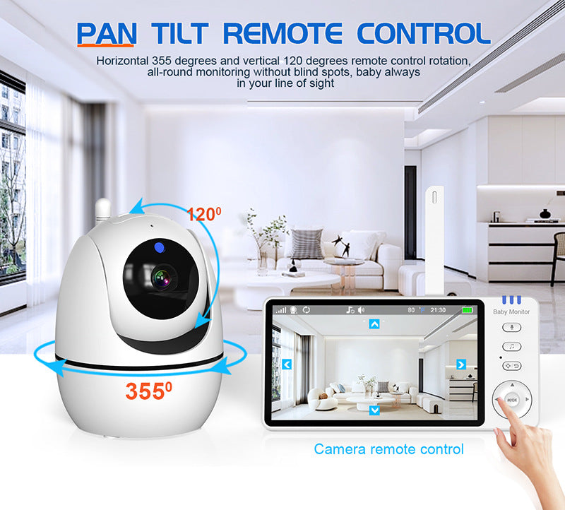 Pan tilt remote control camera with 355° horizontal and 120° vertical rotation for all-round monitoring. Image shows a camera and its remote controlling a room view.
