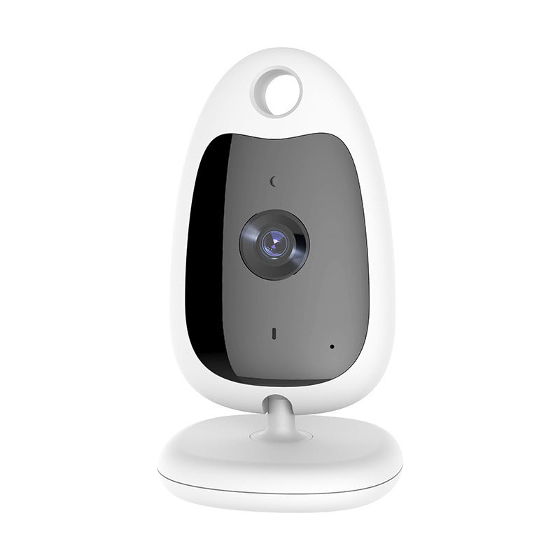 A sleek white security camera with a black front and central lens, mounted on a round base. The design is modern and compact, suitable for indoor use.