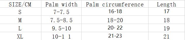 Size chart showing glove dimensions: Size S (Palm width 7-7.5 cm, circumference 16-18 cm, length 17 cm), M (7.5-8.5, 18-20, 18), L (9.5-10, 20-22, 19), XL (10-11, 21-23, 21).