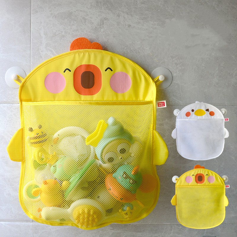 Yellow duck-shaped mesh bath toy organizer with suction cups, filled with toys. Two variations shown on the right: one white and one empty yellow organizer.