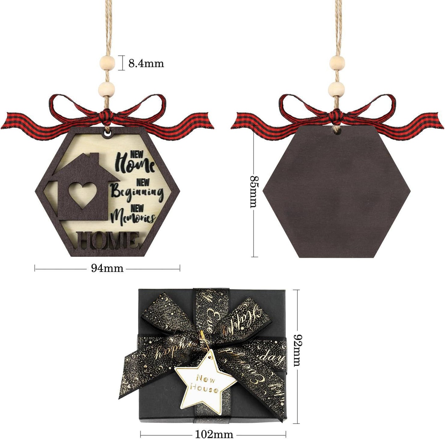 Hexagonal home-themed ornaments with red bows, measuring 94mm and 85mm. Gift box with star tag labeled "New House," dimensions 102mm x 92mm, adorned with a black, gold-detail ribbon.