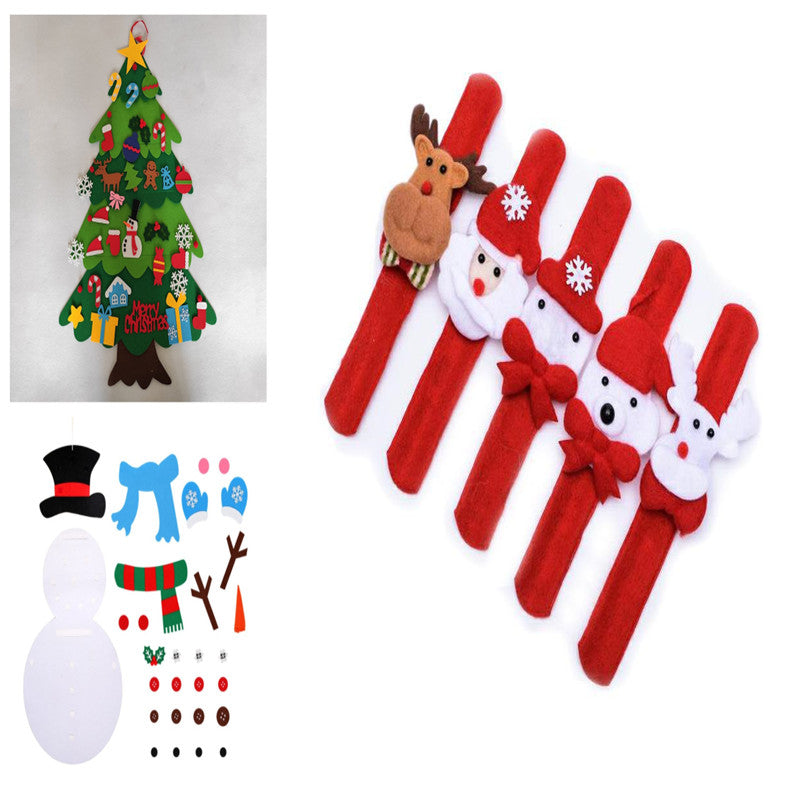 A decorated felt Christmas tree, snowman assembly kit, and five red snap bracelets with festive characters: reindeer, Santa, snowman, each adorned with holiday elements.