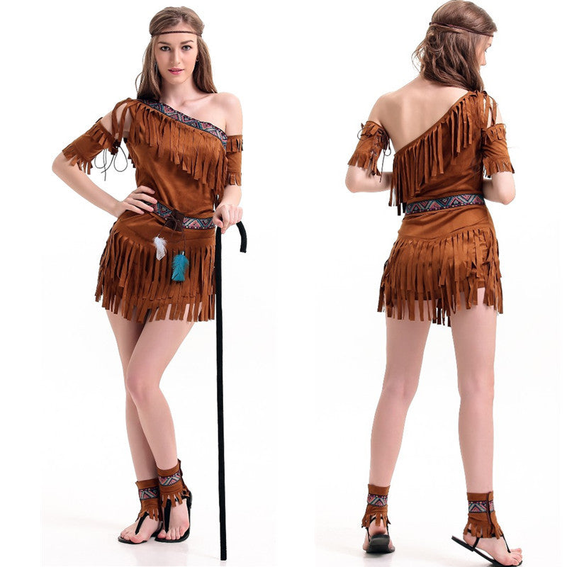 Woman in a fringed brown dress with tribal pattern, holding a black staff, paired with matching sandals. Two views show front and back details of the outfit.