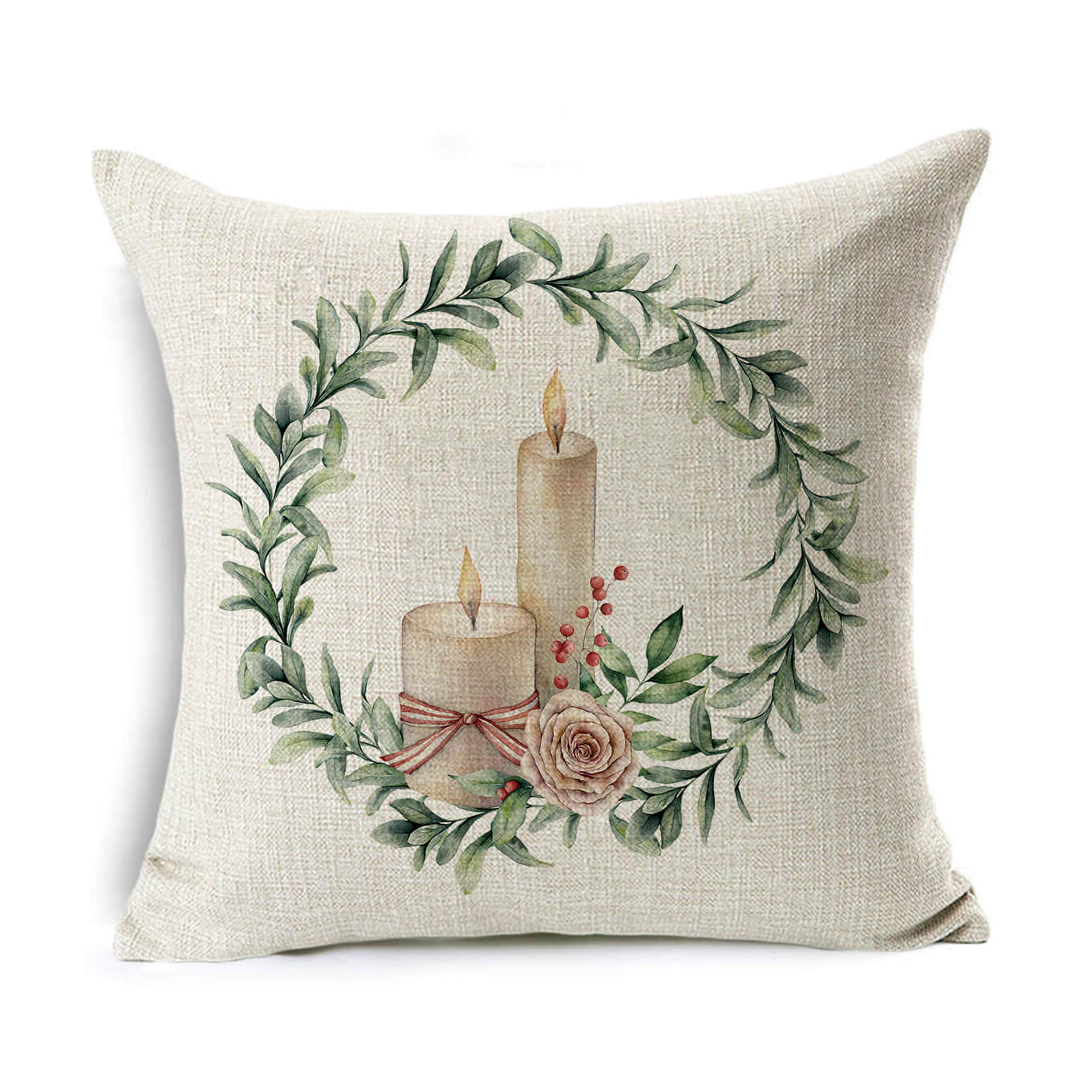 Beige cushion featuring two lit candles encircled by a leafy green wreath. Accents of red berries and a rose add festive charm to the cozy design.