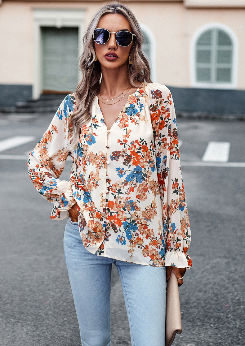 Floral V-Neck Chiffon Blouse