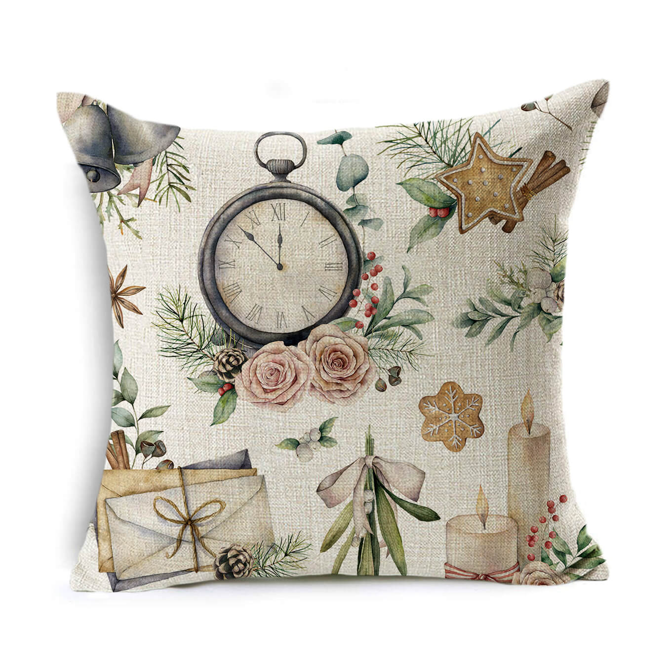Festive pillow with vintage clock, roses, candles, gingerbread cookies, stars, foliage, and bells on a beige background, evoking a cozy holiday atmosphere.