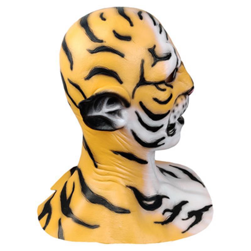 Rubber mask with a vivid tiger pattern, showing black stripes on orange and white, covering the head and face. Viewed from the side, highlighting detailed texture and design.
