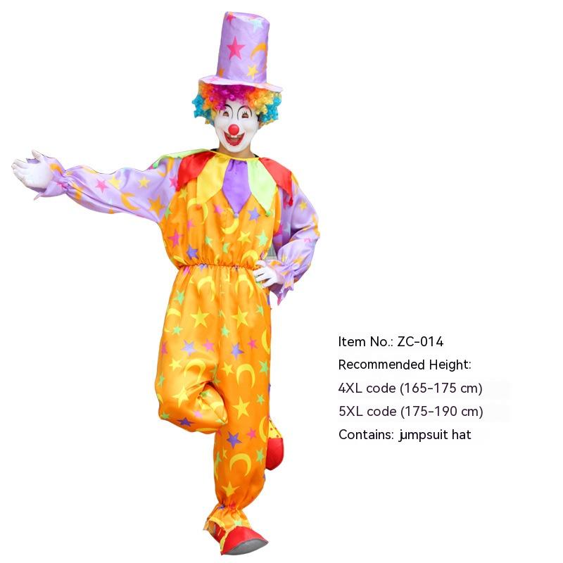 Colorful clown in an orange star-and-moon jumpsuit with a rainbow wig and tall hat, posing with one arm outstretched. Text specifies size and item details.