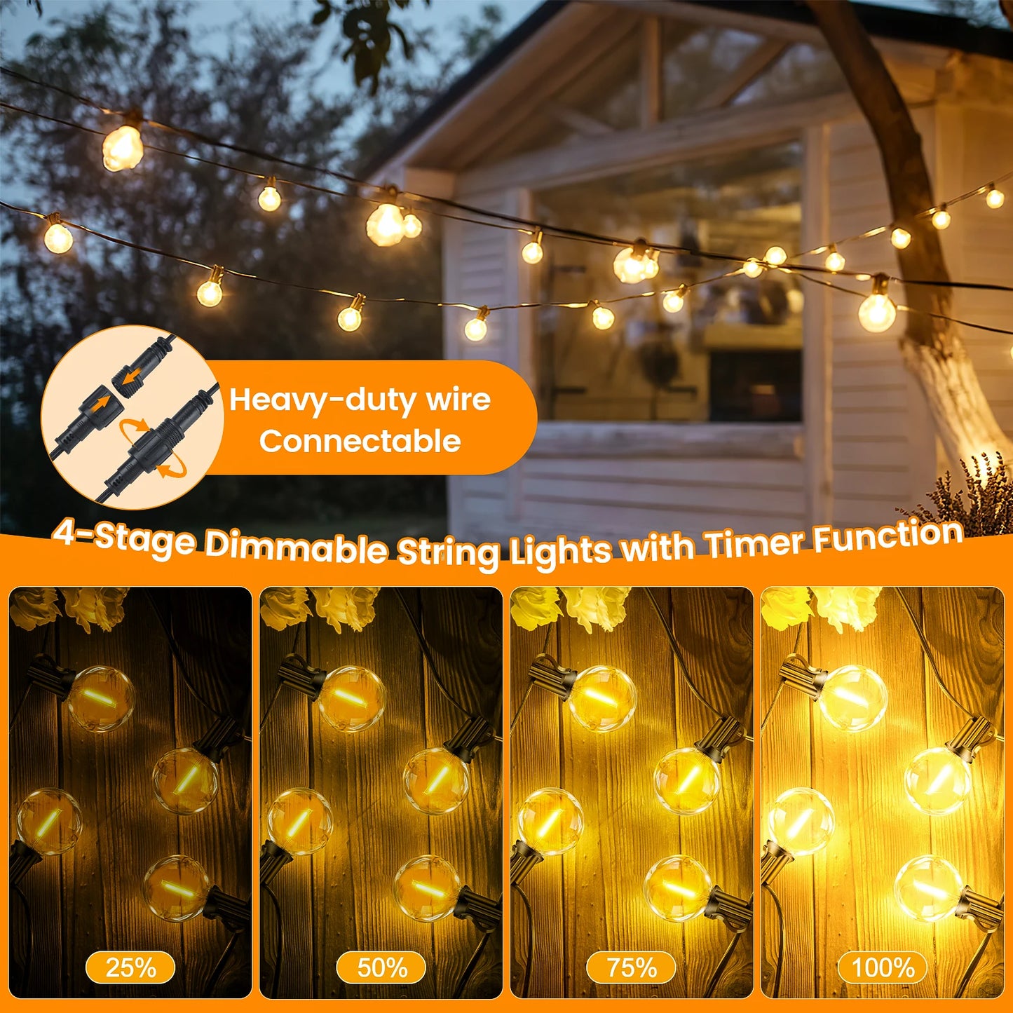 Outdoor string lights hang near a house with a focus on their features. A label highlights their heavy-duty, connectable wire and 4-stage dimmable function from 25% to 100%.