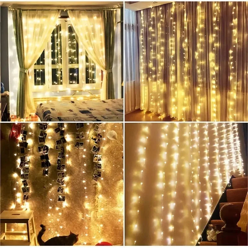 Collage of curtain string lights: top left over a window, top right alongside sheer curtains, bottom left with photos, and bottom right on stairs. Warm, cozy ambiance.
