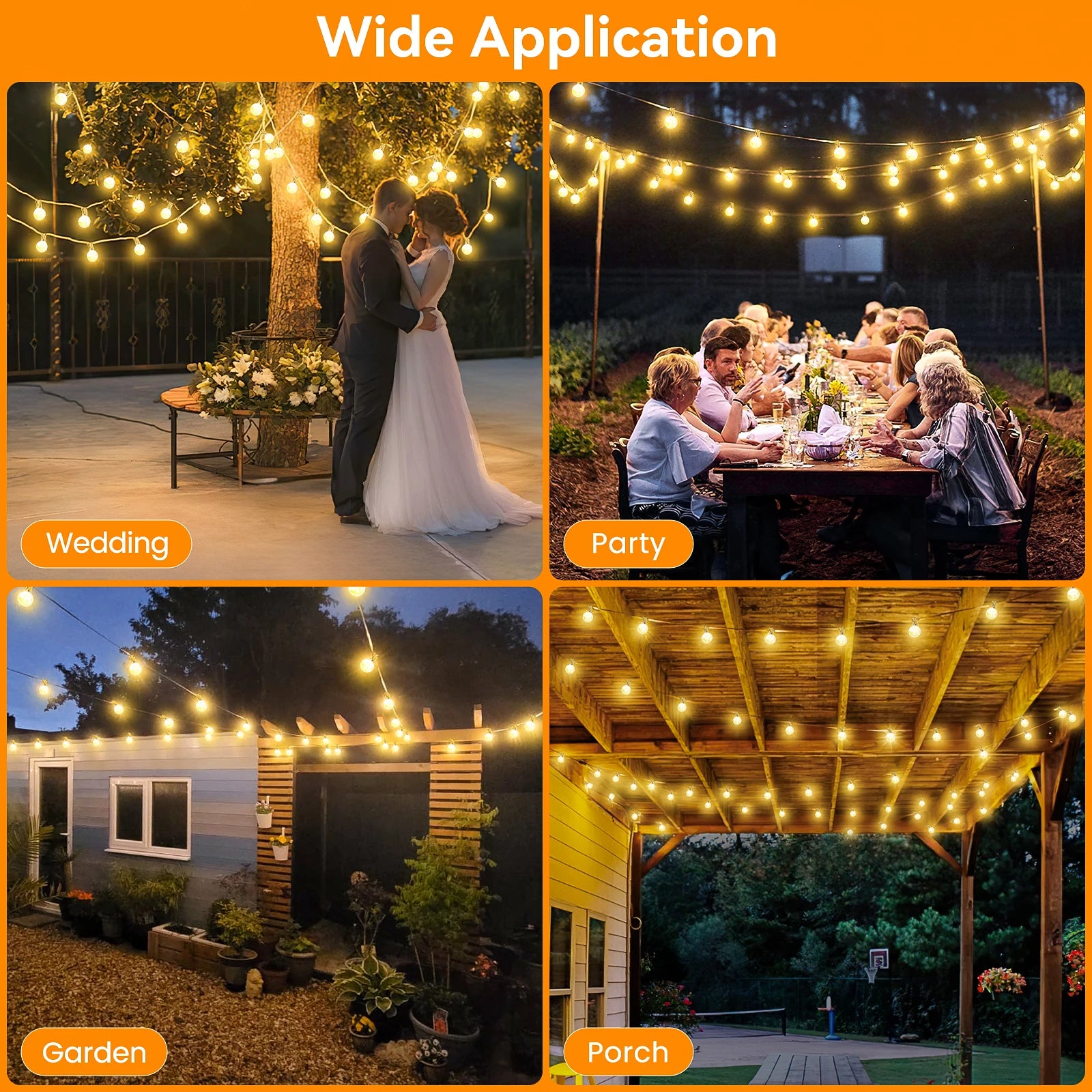 Collage demonstrating the wide application of string lights: a wedding scene, outdoor party table, garden with potted plants, and a porch, all illuminated by warm lights.