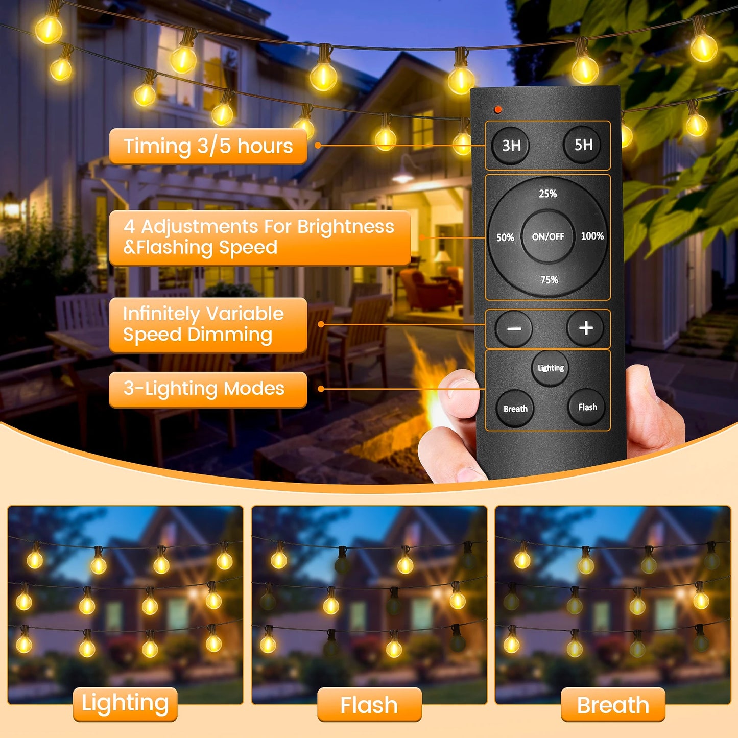 Remote control for outdoor string lights with adjustable brightness and three modes: lighting, flash, and breath. Background shows a cozy patio with hanging lights.