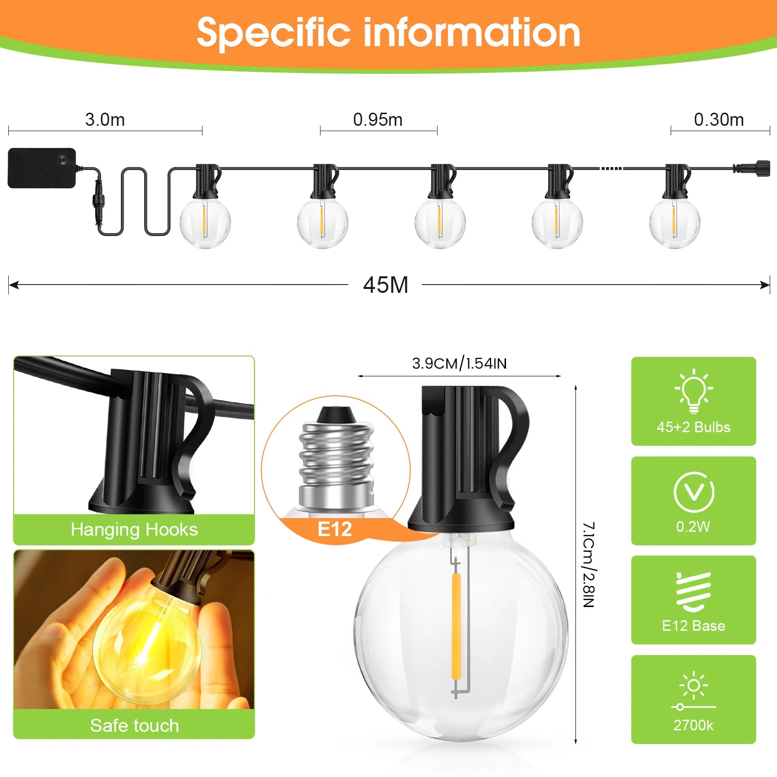 String light set with E12 base bulbs, 45 meters long, includes hanging hooks. Each bulb is 3.9 cm wide, safe touch, 0.2W, warm white 2700K. Includes 45+2 bulbs.