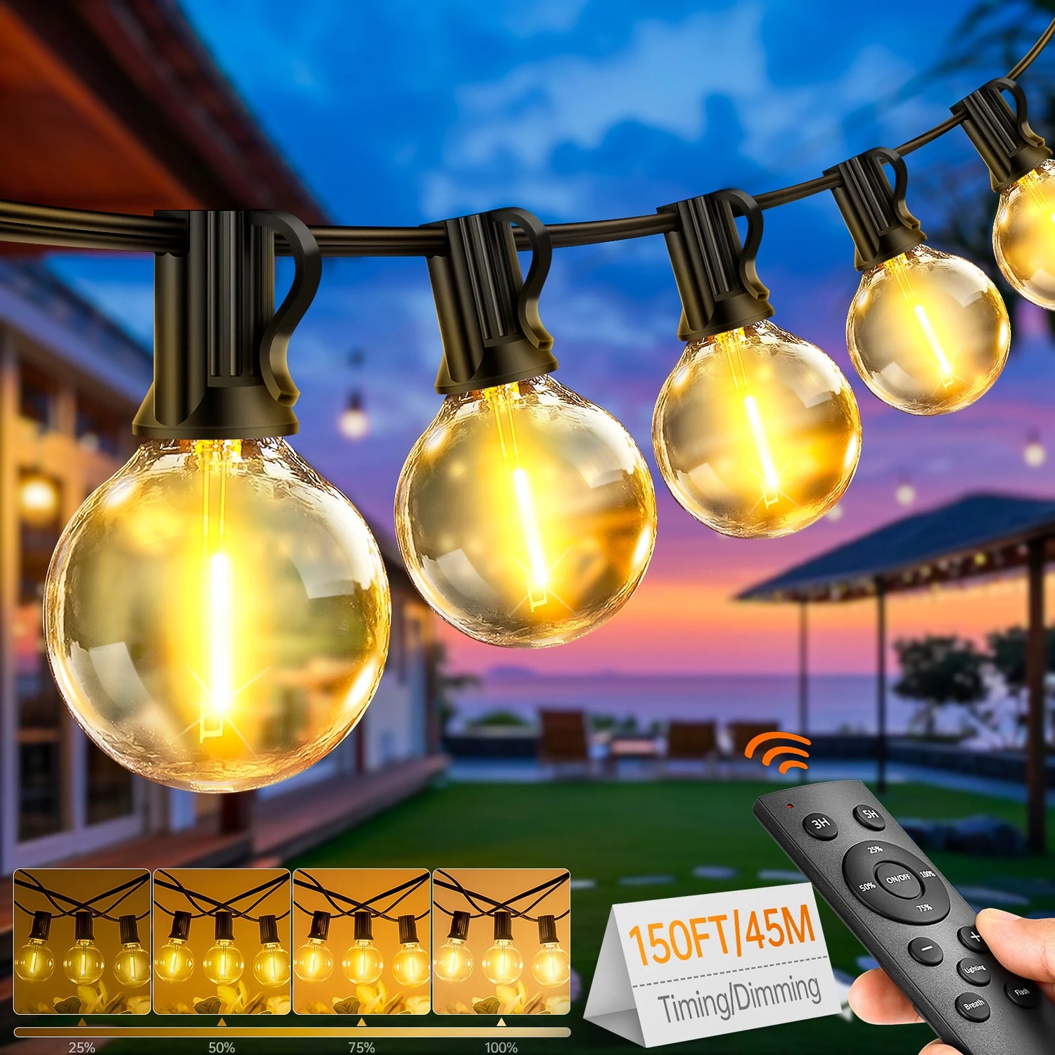 String of glowing outdoor bulbs at sunset with a remote in hand for dimming control. Background shows a serene patio with 150ft/45m range indicated.