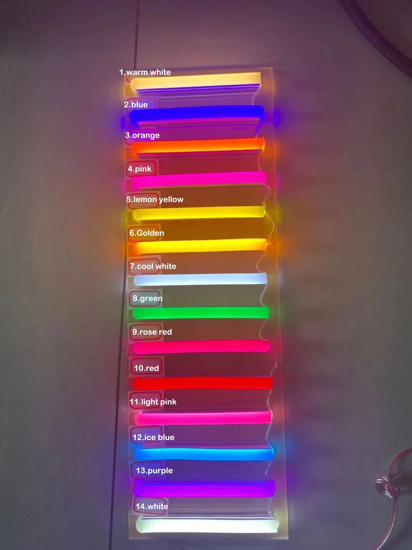 A vertically arranged set of 14 colored LED lights with labels: warm white, blue, orange, pink, lemon yellow, golden, cool white, green, rose red, red, light pink, ice blue, purple, white.