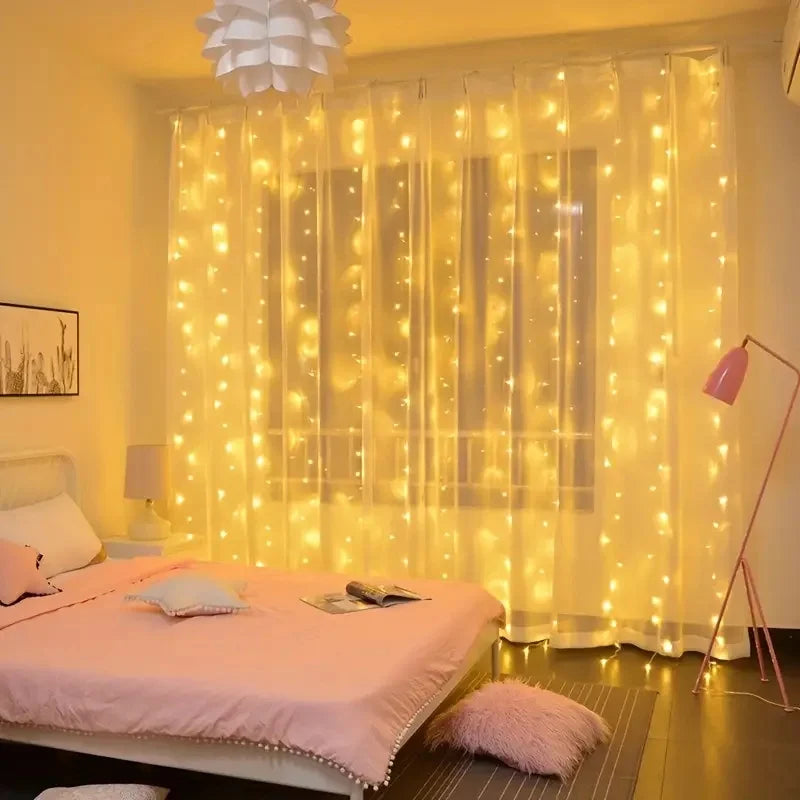 Cozy bedroom with pink bedding, sheer curtains adorned with warm string lights, modern floor lamp, and abstract art. A fluffy rug and pendant light add softness and warmth.