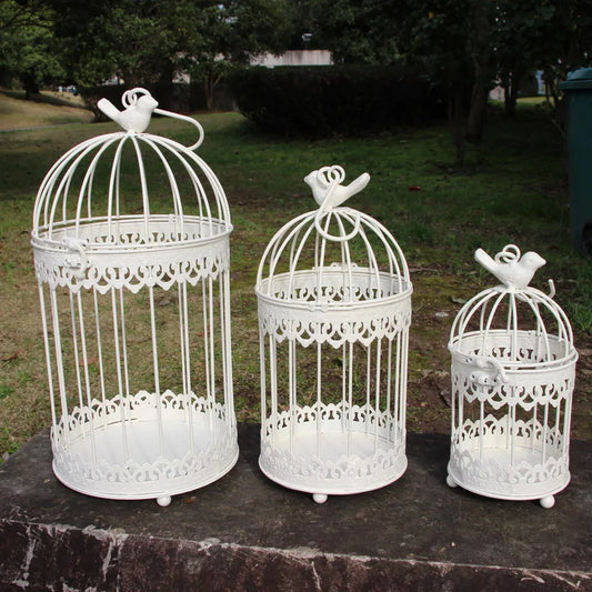 Three decorative white birdcages of varying sizes with bird finials, placed outdoors on a stone surface, surrounded by grass and trees.