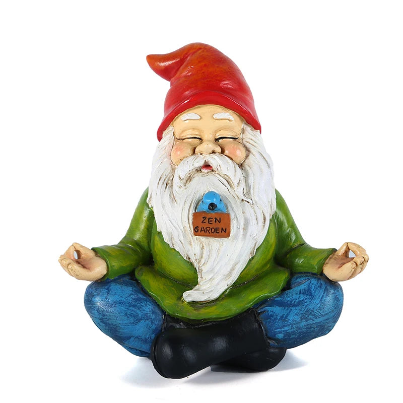 A whimsical garden gnome with a red hat and white beard sits cross-legged in a meditative pose, wearing a green shirt and blue pants, holding a "Zen Garden" sign.