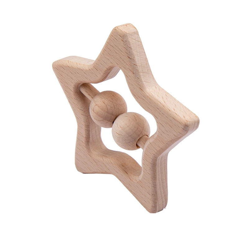 Wooden star-shaped teether with two wooden beads inside. Made of light-colored wood, the smooth design is suitable for teething infants.