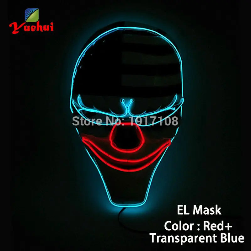 Glowing clown face mask with red mouth and blue outline on a black background. Logo "Yuehui" in top left corner. Text reads: "EL Mask Color: Red + Transparent Blue".
