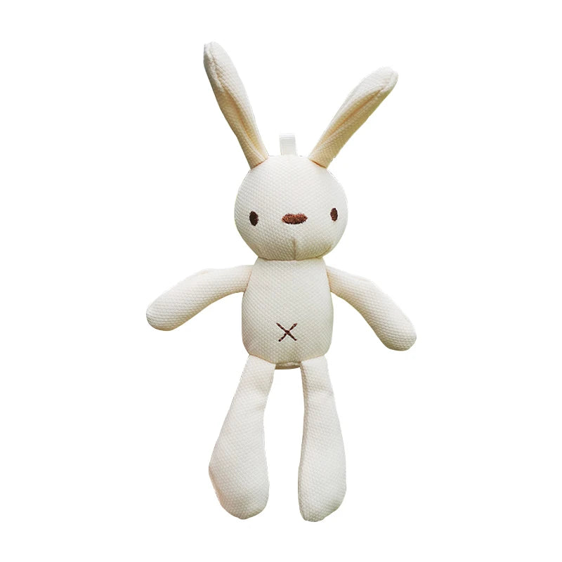 A soft, white plush rabbit toy with long ears, simple facial features, and an "X" stitched on its belly, set against a plain white background.