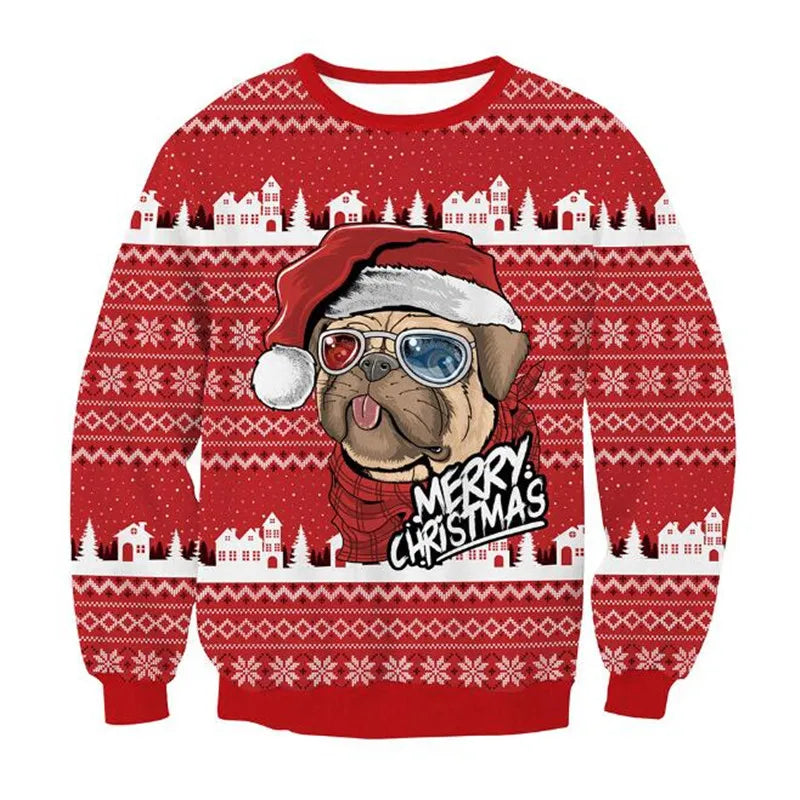 Red Christmas sweater featuring a pug wearing a Santa hat and sunglasses, with "Merry Christmas" text. Pattern includes snowflakes and a snowy village scene.