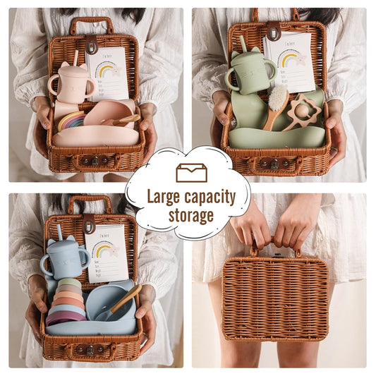 Wicker basket with large capacity storage, featuring children's dinnerware sets in pink, green, and blue. Includes cups, bowls, utensils, and decorative card. Brown handled latch.