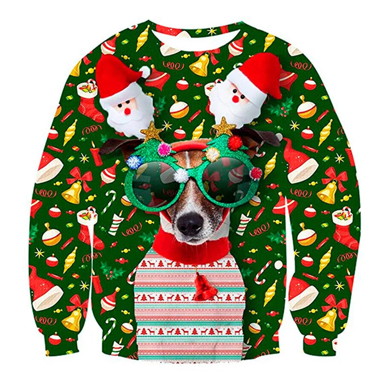 A festive sweater featuring a dog wearing starry sunglasses and Santa hats. The green background is adorned with ornaments, bells, and candy canes, creating a joyful Christmas theme.