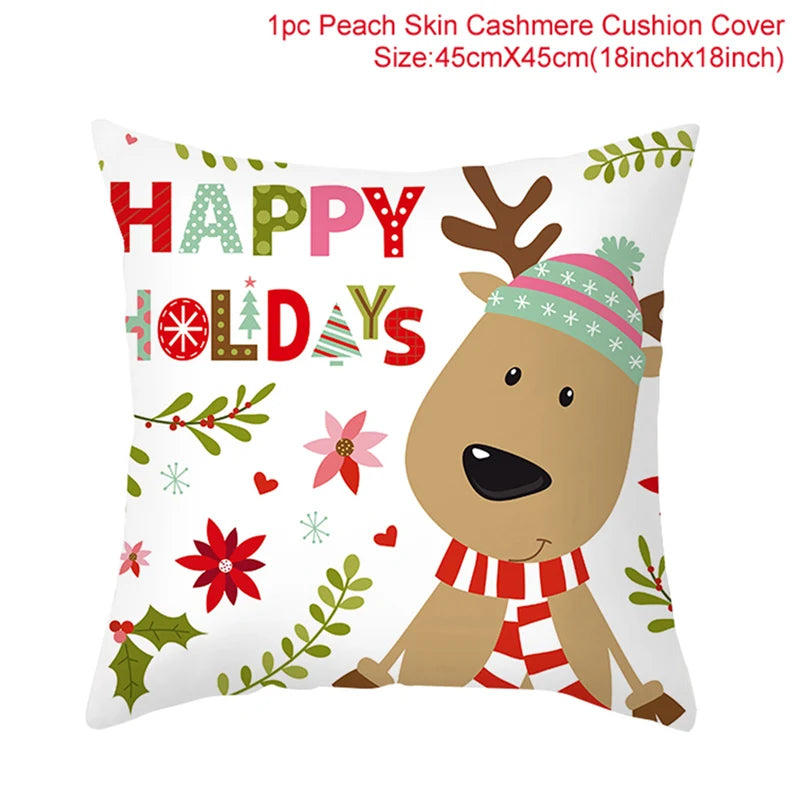 Festive cushion cover with a cartoon reindeer wearing a scarf and hat, surrounded by colorful "Happy Holidays" text, flowers, and leaves. Size: 45cm x 45cm.