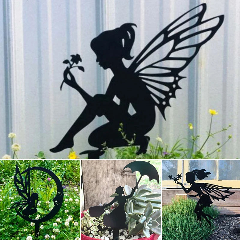 Silhouettes of fairy garden decorations: a fairy crouching with a flower, a fairy on a crescent moon, a fairy holding an umbrella near plants, and a fairy with a wand in a garden.