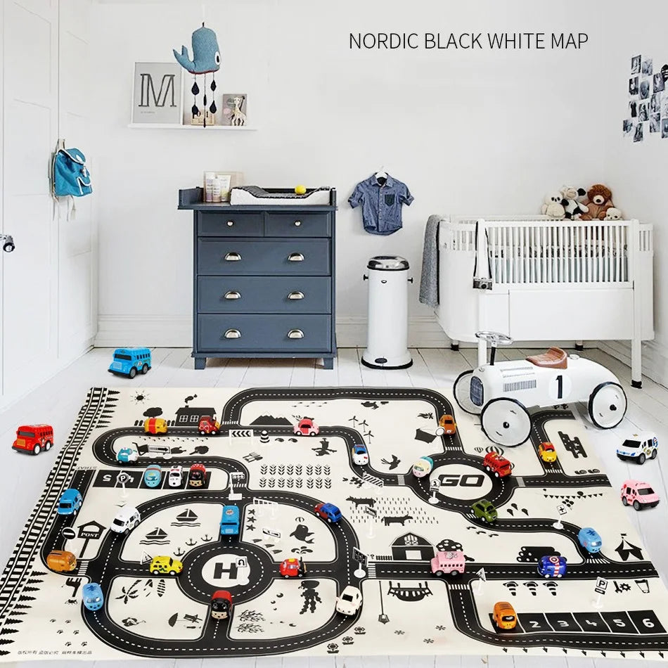 Children's room with a Nordic-themed play mat featuring roads and toy cars. A blue dresser, crib, white walls, toys, and a hanging shelf decor complete the playful setting.