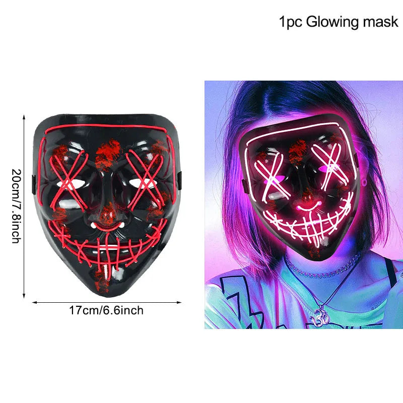 Black mask with red neon lights forming X eyes and stitched smile, measures 20cm by 17cm. Worn by a person in a purple-lit background. Text reads "1pc Glowing Mask."