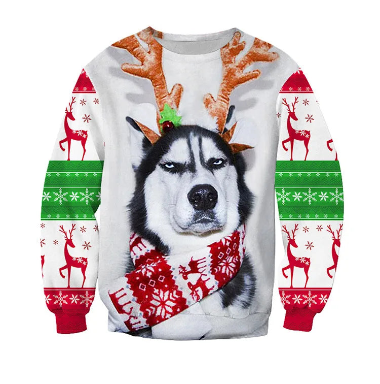 Christmas sweater with a Siberian Husky wearing reindeer antlers and a red scarf, surrounded by festive red and green patterns with reindeer and snowflakes.
