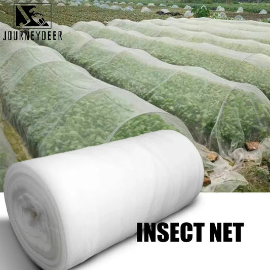 Roll of white insect netting in foreground, covering rows of crops in a field. The translucent fabric provides protection, with "Journeydeer" logo and "Insect Net" text displayed.