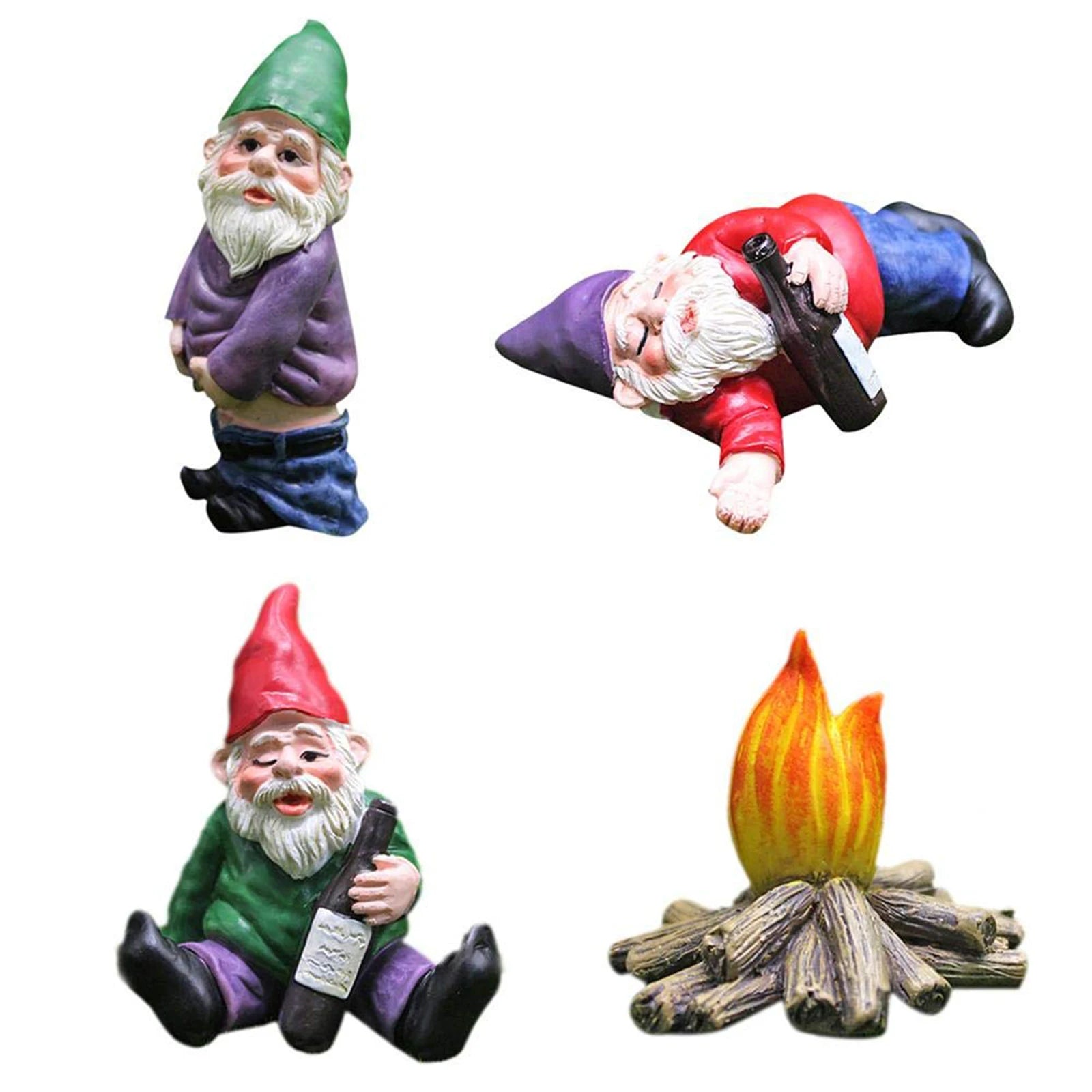 Four whimsical garden gnomes: one standing with pants down, one lying with a bottle, another sitting and holding a bottle, and a small campfire on a white background.