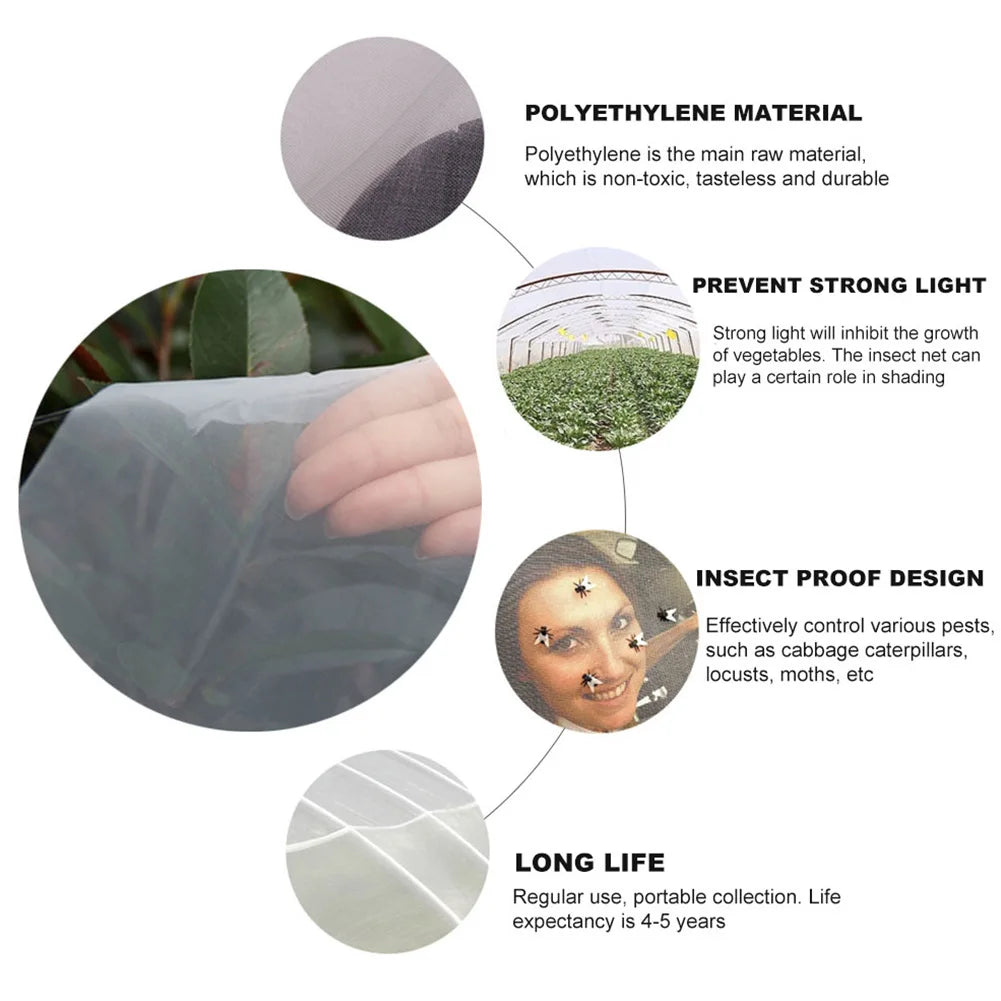 Image showcasing an insect net made of polyethylene. It prevents strong light, repels pests like caterpillars and moths, and has a 4-5 years lifespan. Close-up of net covering plants.