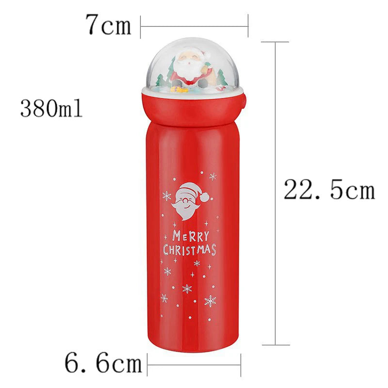 Red thermal bottle with a Santa dome top, decorated with "Merry Christmas" and snowflakes. Dimensions: 22.5 cm high, 6.6 cm diameter, holds 380ml.