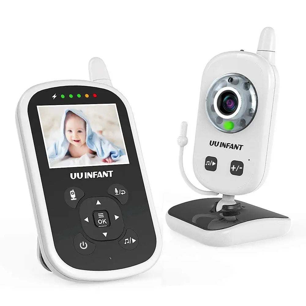 A baby monitor set with a display screen showing a smiling infant wrapped in a blue blanket. The camera unit features control buttons and an adjustable stand.