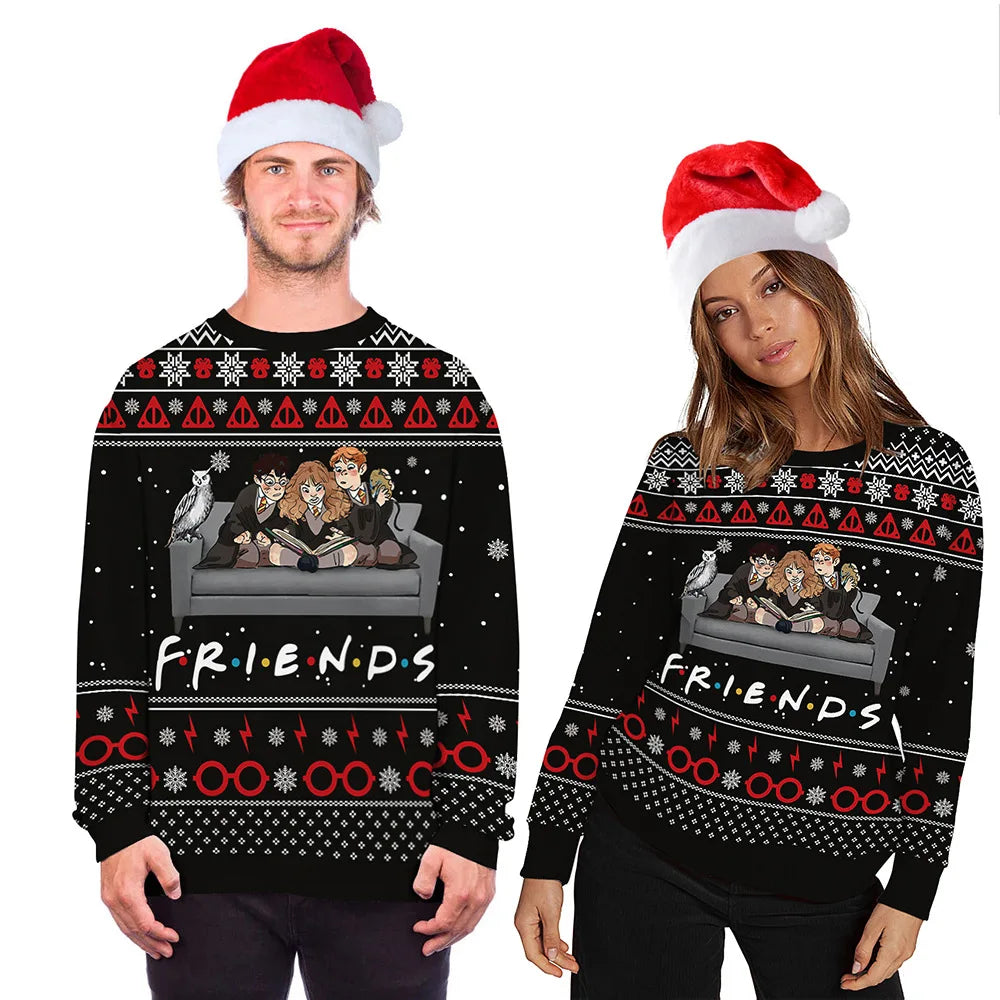 Two people wearing matching Christmas sweaters with a "Friends" and wizards theme. The sweaters feature characters on a couch, snowflakes, glasses, and red Santa hats.