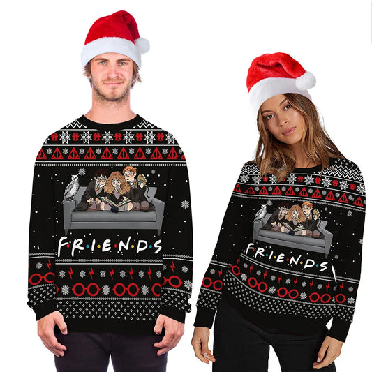 Two people wearing matching Christmas sweaters with a "Friends" and wizards theme. The sweaters feature characters on a couch, snowflakes, glasses, and red Santa hats.