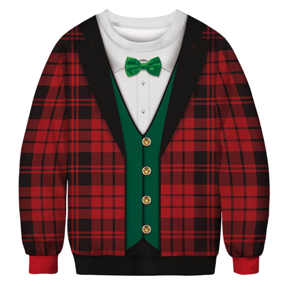 A festive sweater designed to look like a red plaid tuxedo, featuring a green vest with gold buttons, black lapels, and a green bow tie. Red cuffs and black hem complete the look.